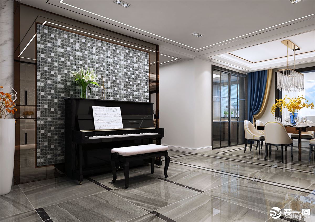 世茂悦海 144㎡ 后现代轻奢风格 优雅的钢琴在马赛克背景墙的映衬下