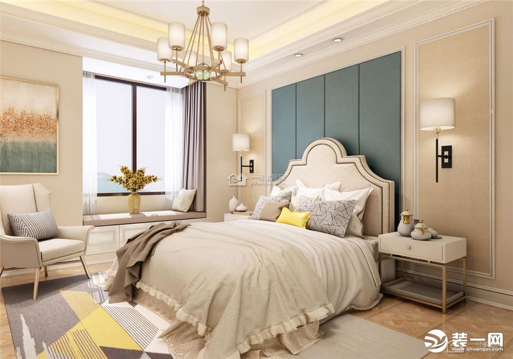 床头背景墙是浅蓝色,和整个房间的色彩做了一个鲜明的对比,使整个卧室