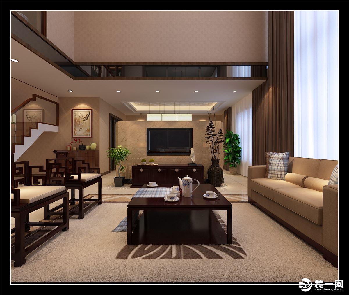 西安万科大明宫复式房子新中式风格设计方案,客厅