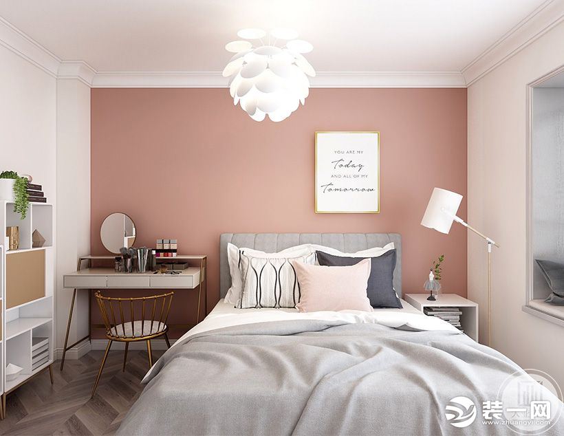 主卧在简约的白色调基础上,融入橘粉色的床头背景墙,搭配松果造型的