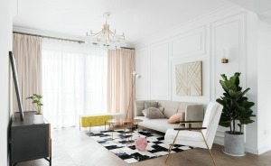 客厅白色背景墙和藕荷色基调搭配深色家具配饰简约不单调