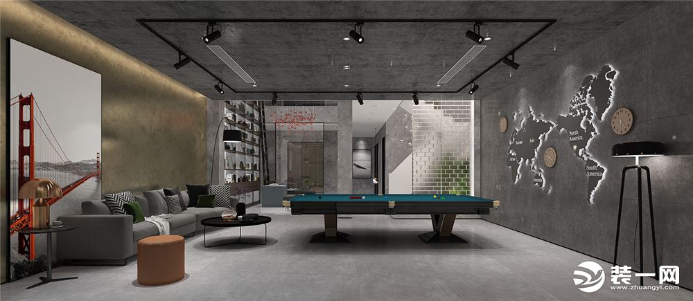负二层台球室效果图：地下室采用挑空设计使地下室格外宽敞明亮。