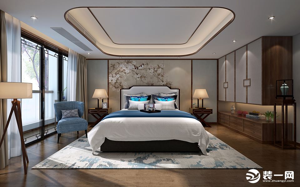 二楼卧室效果图：设计师以现代的装饰手法和家具，结合古典中式的装饰元素，来呈现亦古亦今的空间氛围。