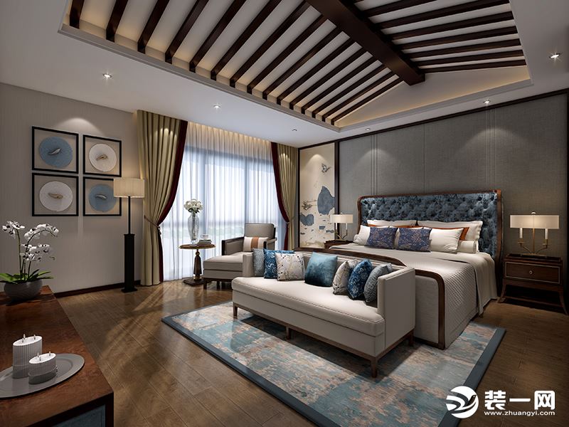 三楼卧室效果图：中式风格的古色古香与现代风格的简单素雅自然衔接。