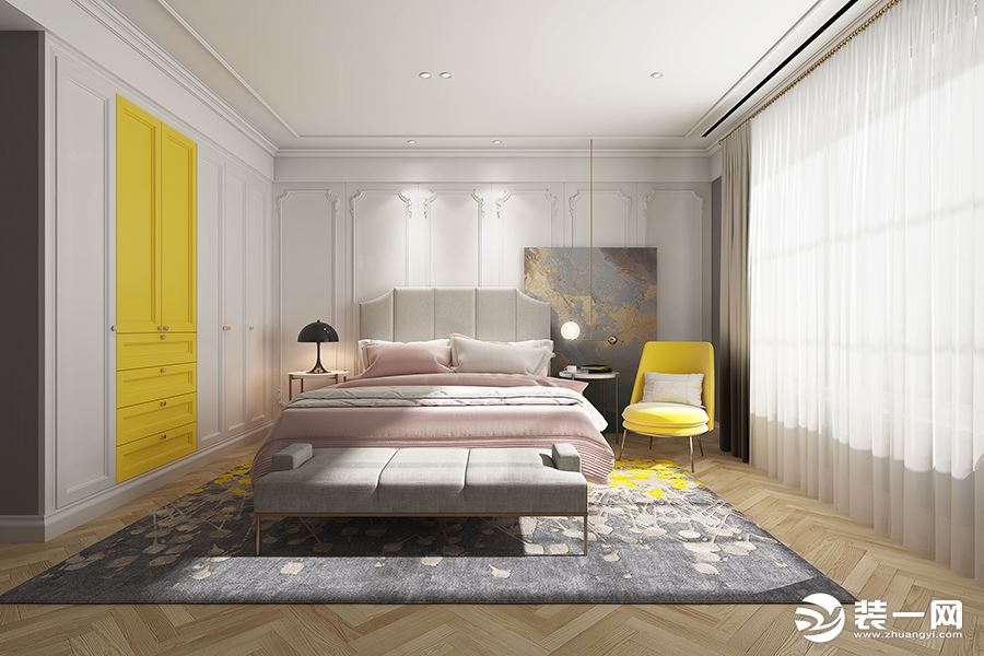 卧室效果图：现代低调奢华风格注重硬装修手法的简洁，但也并不像一般的简约风格那样随意。