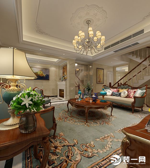 客厅效果图：客厅设计比较简单但色彩和家具的搭配显示出整个设计“依旧奢华”。