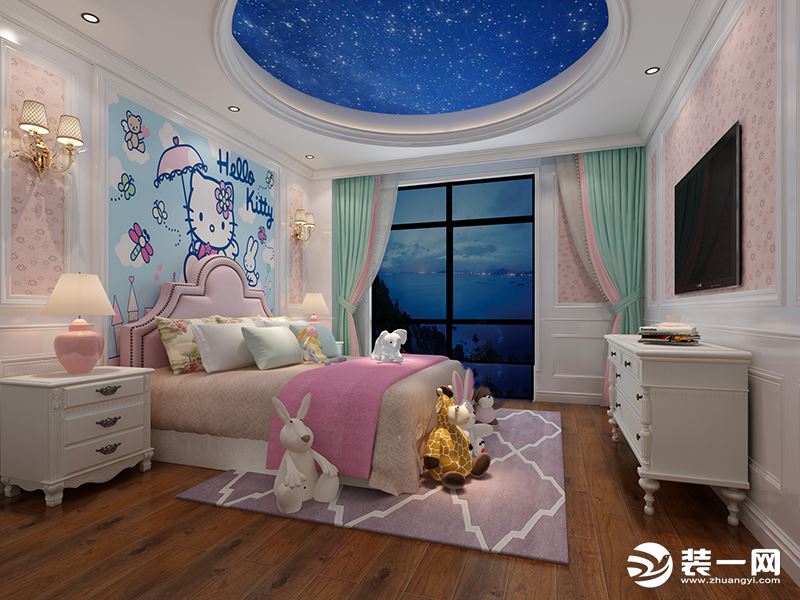 二楼女儿房效果图：女儿房以粉色和白色为主色调，蓝色作为背景色，浅绿色作为点缀色。