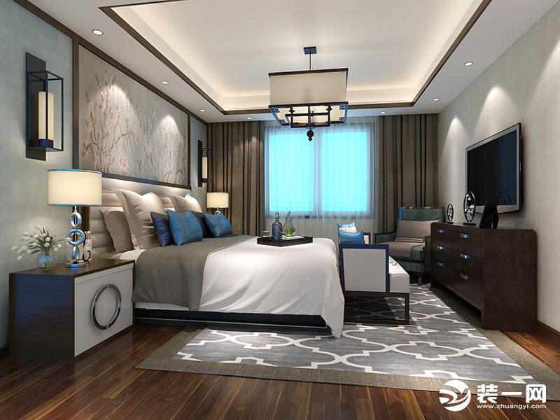 卧室效果图：从空间布局到家具造型，硬朗的线条都形成了规整的空间感 ，墙壁的装饰则提升了空间意境。