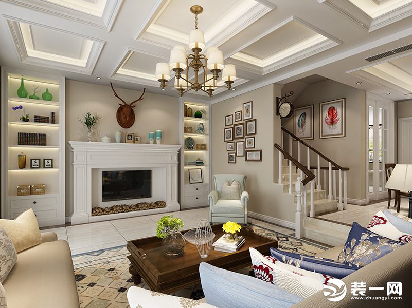 客厅效果图：客户喜欢随性舒服的居家环境，喜欢美式。
