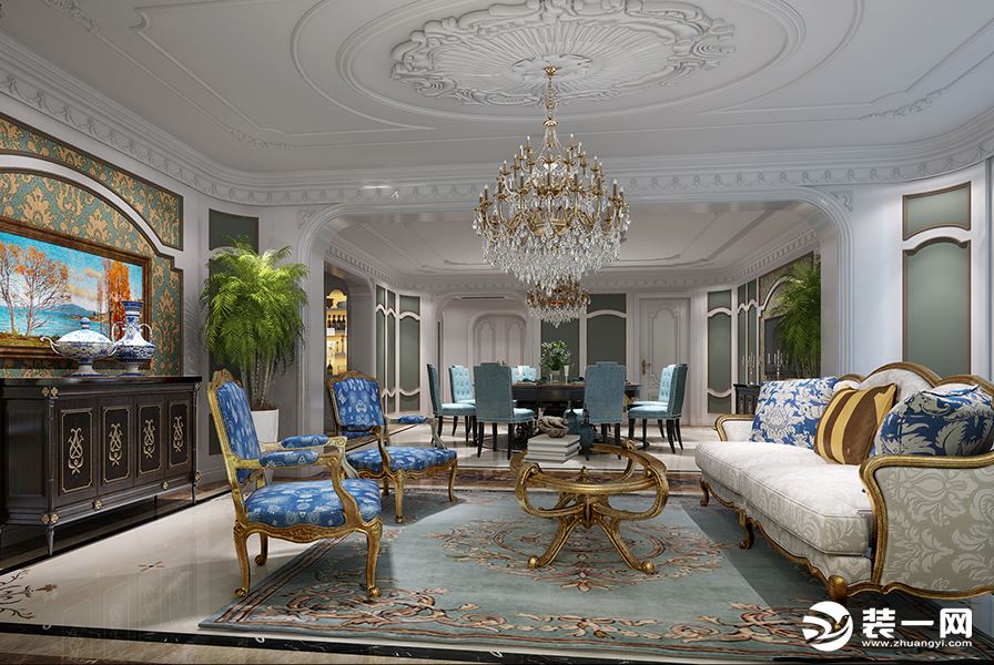 客厅效果图：法式雕花与香槟金色使空间增添奢华感。