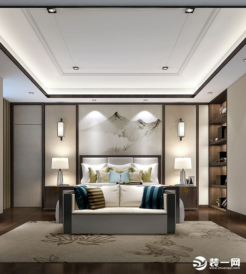 卧室效果图：众多的木色运用，倍具文人气质，色调文化的运用结合，把兼备现代与传统的新中式发挥的淋漓尽致