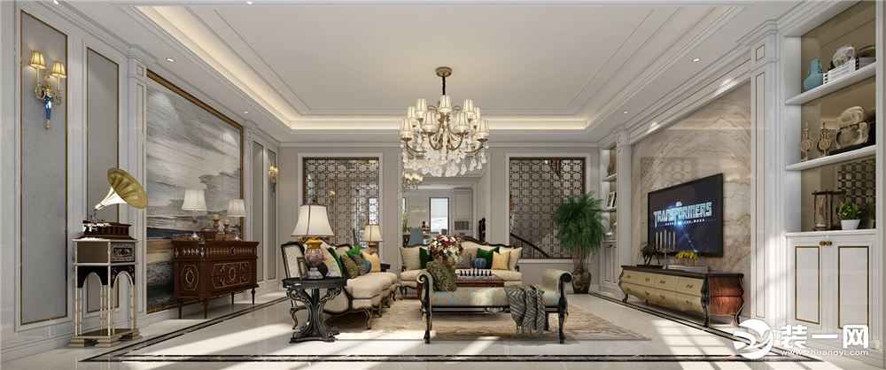 客厅效果图：简欧是欧式装修风格的一种，多以象牙白为主色调，以浅色为主深色为辅。
