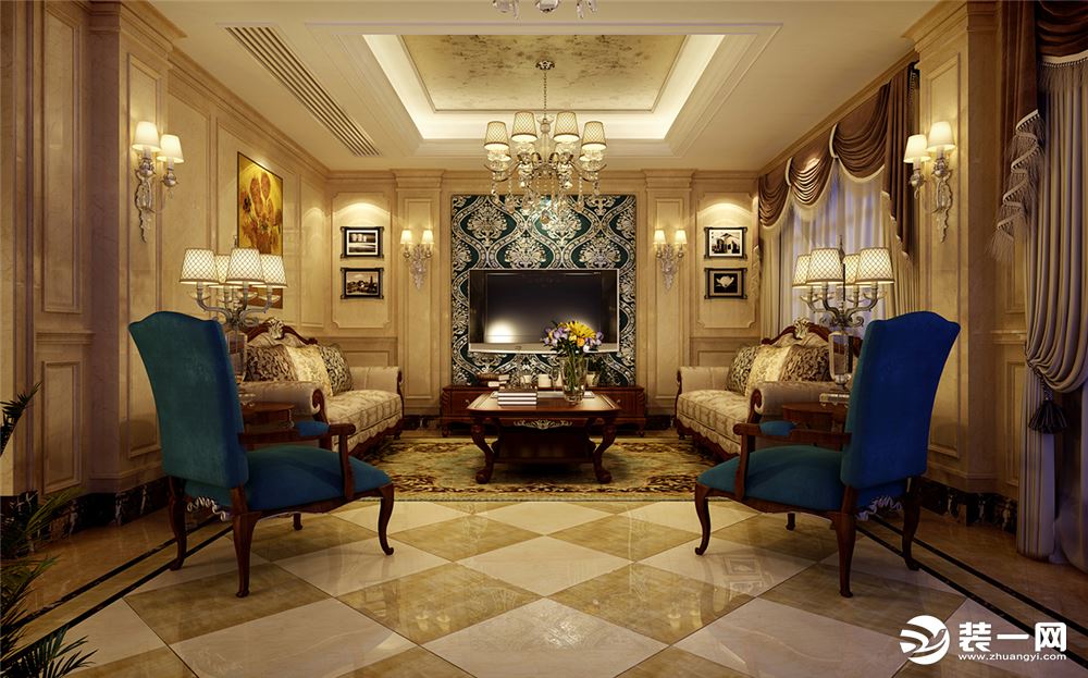 客厅效果图：欧式风格素来追求高贵奢华，这家也不例外。