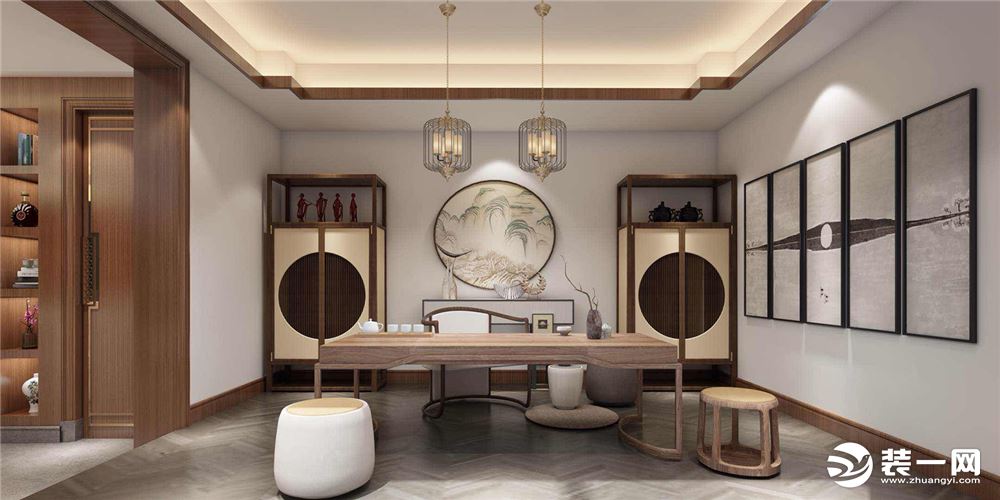 500平现代中式桃坞雅苑别墅装修效果图-茶室：我们在最终风格的选择上，还是选择了现代中式的概念。