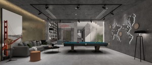 负二层台球室效果图：地下室采用挑空设计使地下室格外宽敞明亮。