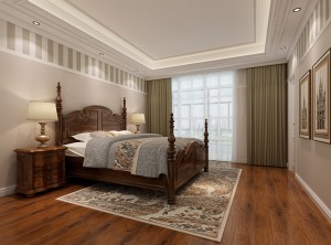 三楼卧室效果图：简约美式混搭现代及欧式的家具，一切随性自然，雅气逼人。