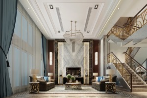客厅效果图： 风格说明：本案在设计上强调高度的私人化和审美化，处处流露出优雅细腻。