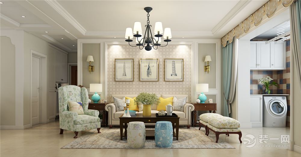 实创装饰丨众美绿都117㎡三居简美装修案例-客厅沙发背景墙装修效果图
