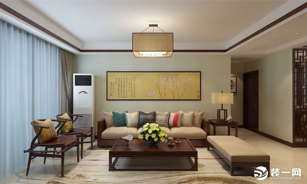 实创装饰丨保利花园三居室新中式装修案例-客厅沙发背景墙装修效果图