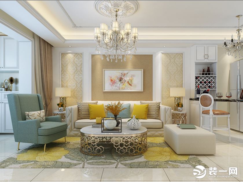实创装饰丨紫晶悦城95平米两居欧式风格装修案例-客厅沙发背景墙装修效果图