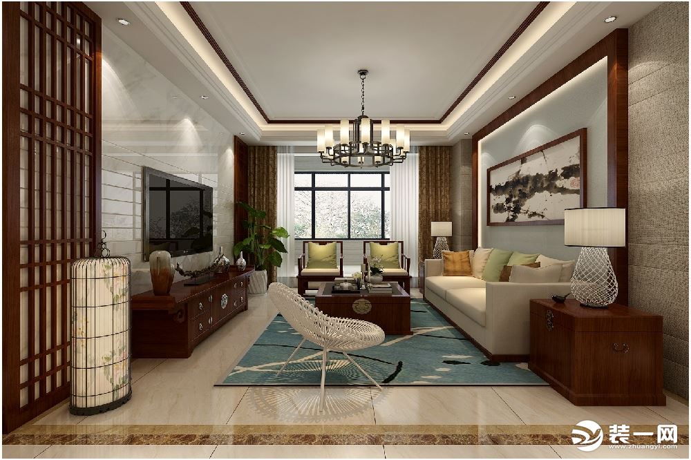 合肥居元装饰御龙湾120平方四居室 中式客厅装修案例图