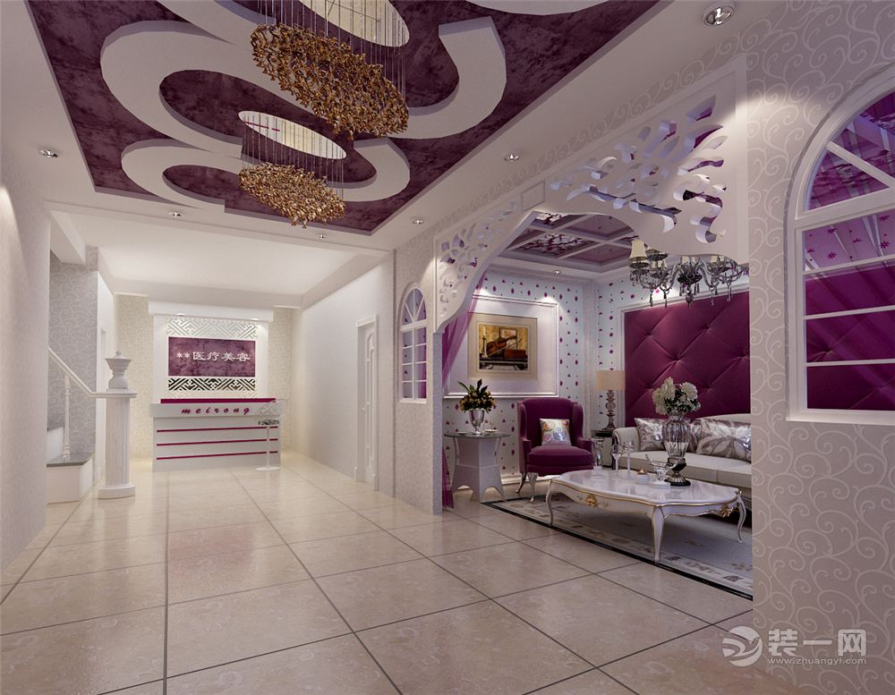 一楼大厅+(1)美容院 现代清新 紫色+白色装修设计效果图