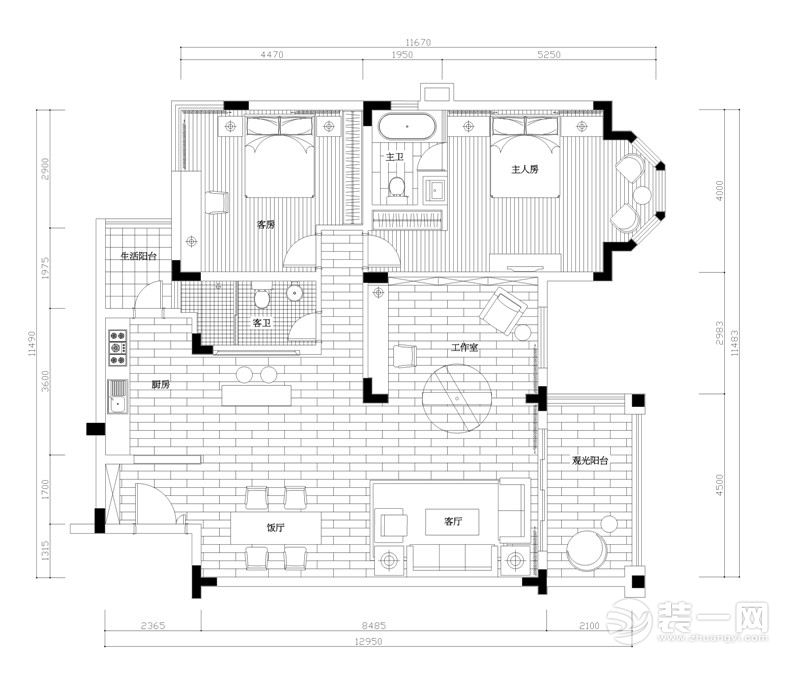 上海太阳公寓90平米两居室简约风格平面图