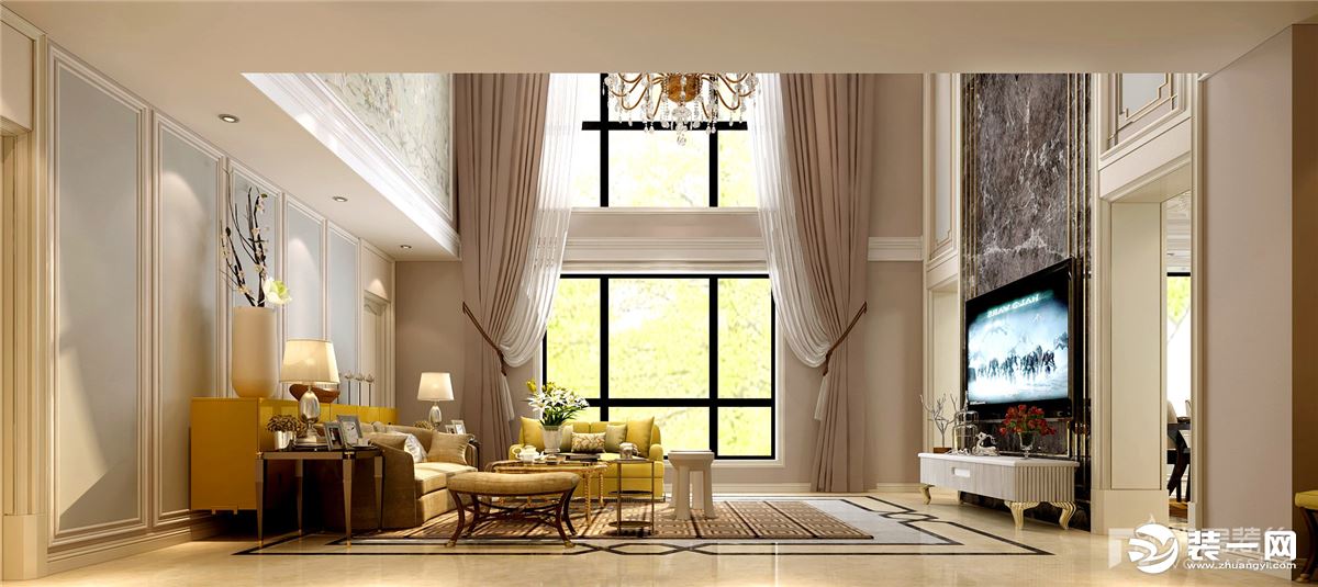 双层挑空的客厅空间，通过对家具尺寸与布局调整，延续了无可比拟的开阔感，刻有凹凸的线条装饰无疑会唤起客
