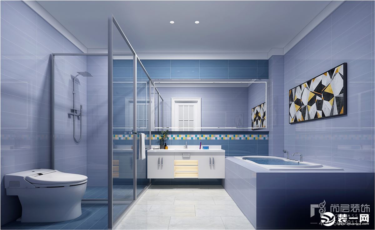 清新蓝色主题的卫生间，仿佛沐浴大海波涛的水汽，让人心情愉悦放松。