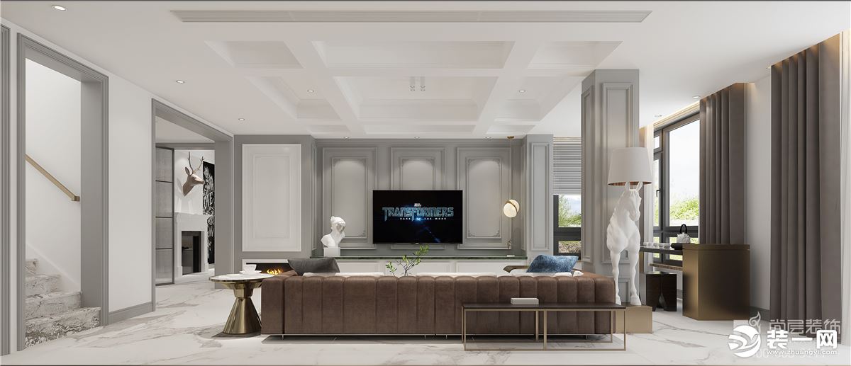 采用相同饱和度的灰色作为电视背景墙，色调安静柔和。