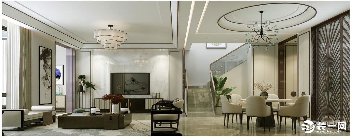 新中式风格客厅在强调现代风格的简约使用时，增添盆景、水墨画、木制格栅的中式元素