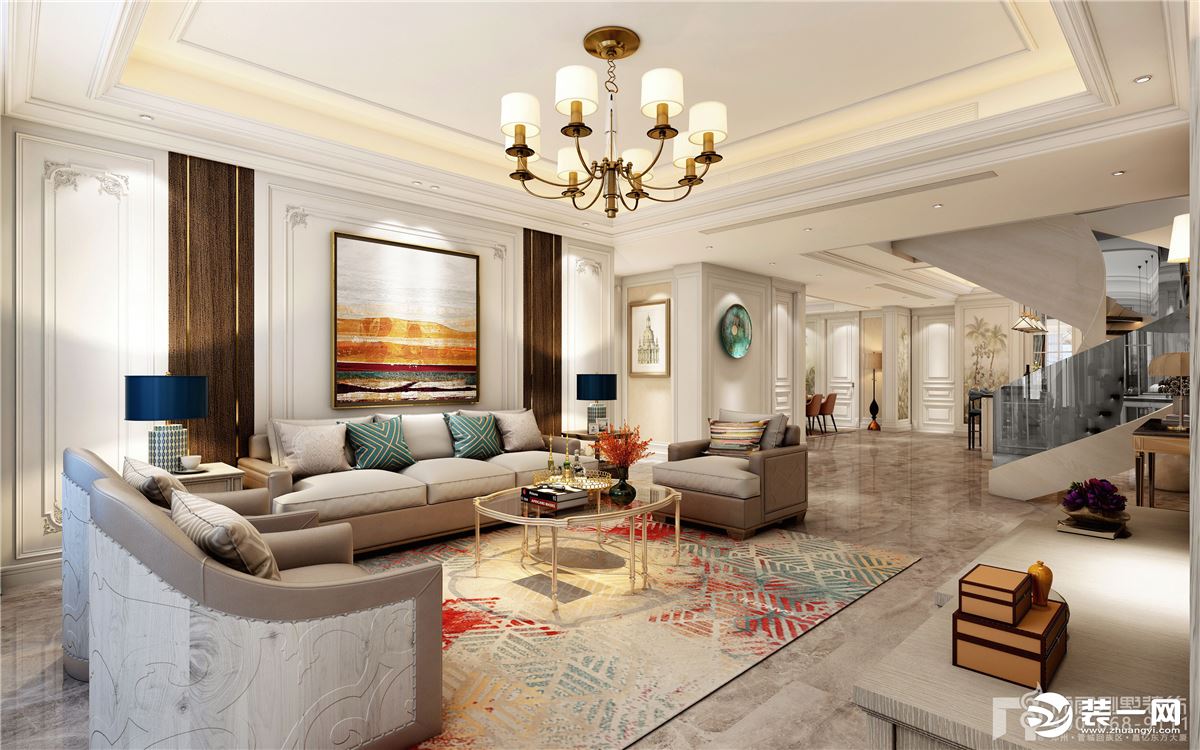 客厅以美风格为主，宁静中又饱含温润之意，兼具古典与现代气质，色调以暖色为主，华丽大气，让整个空间既纯