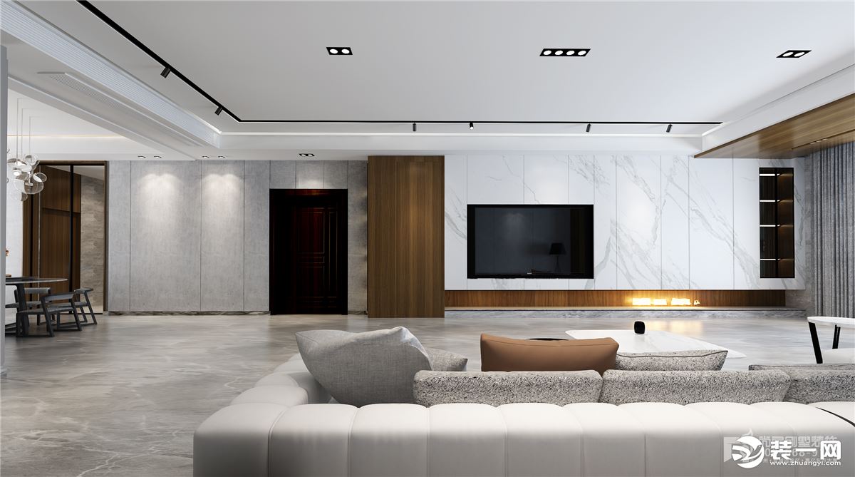 客厅整体运用灰色基调，简洁的造型、完美的细节营造出时尚前卫的感觉。
