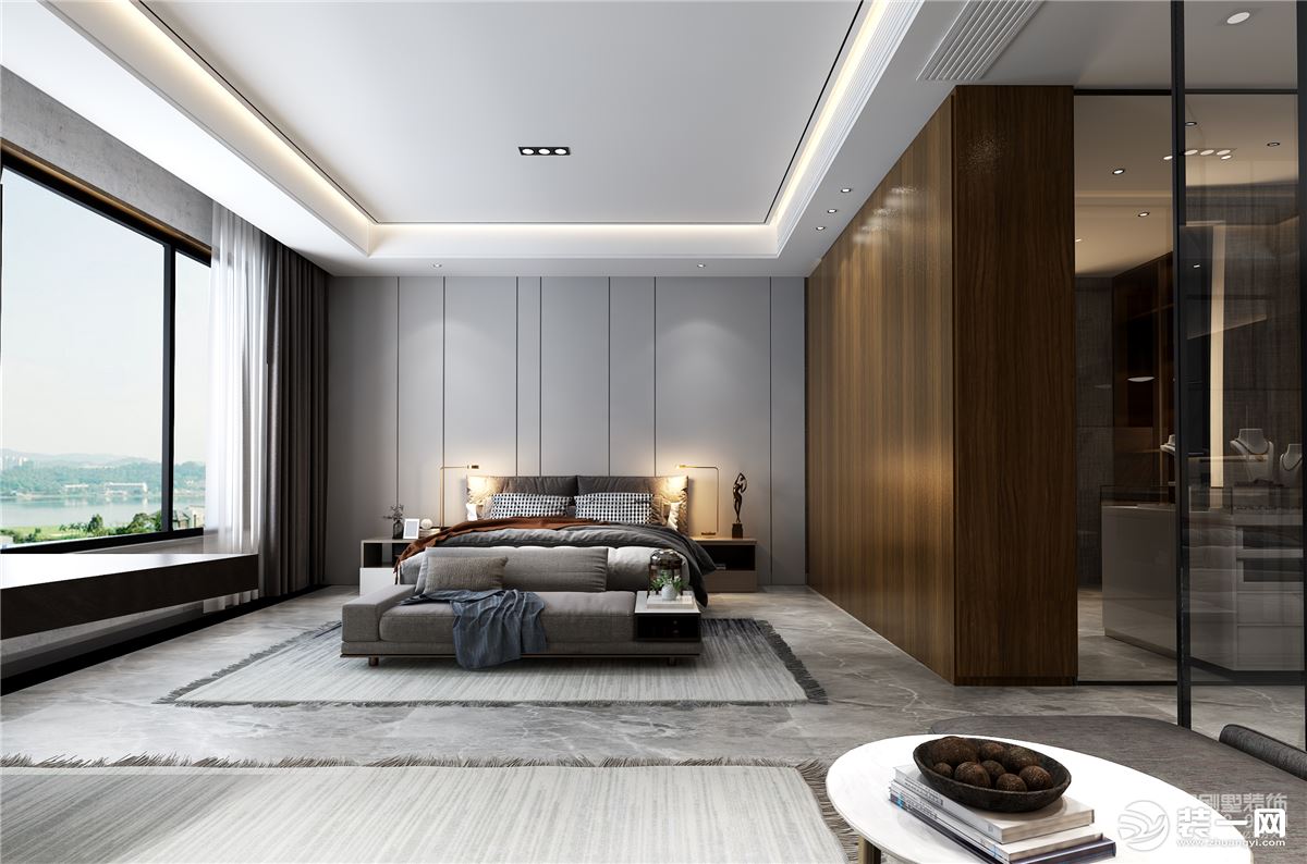 卧室没有过分的装饰，整体以灰色为主，一切从功能出发，造型比例适度，空间结构图明确美观，外观明快、简洁