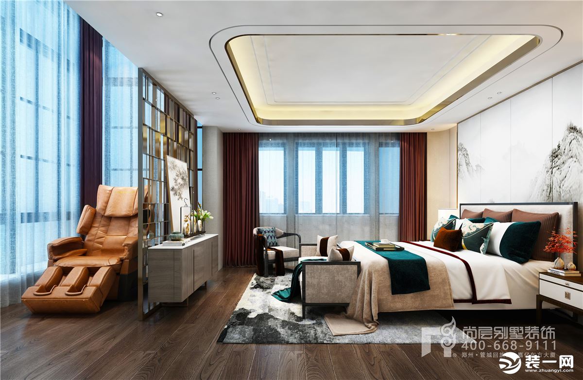 一个饱含东方境意且极具现代的屏风，将卧室功能多样化，挑高的休闲空间，超大的落地窗，沐浴晨起柔光，享受