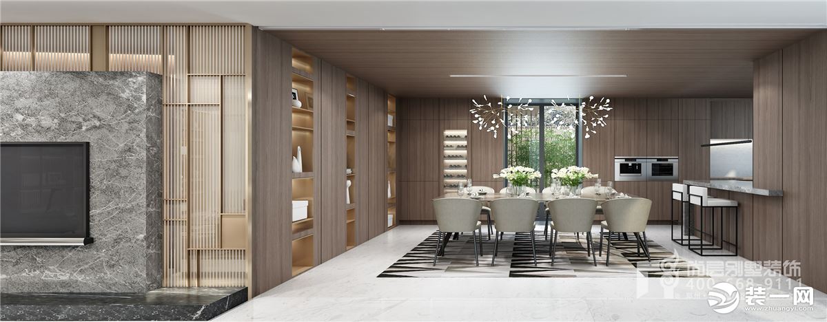 客厅空间整体简洁明净，顶面古梁现代设计手法的处理手法，将东方哲学与当代人的审美情趣完美融合，并营造出