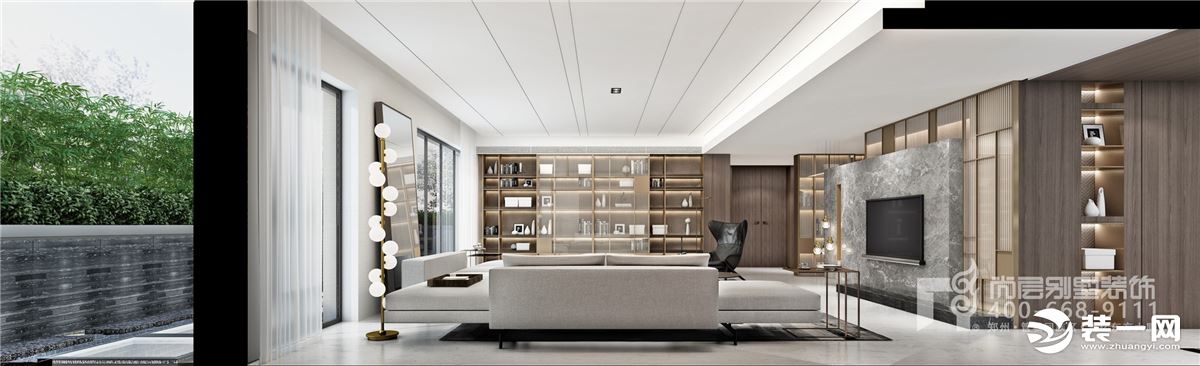客厅空间整体简洁明净，顶面古梁现代设计手法的处理手法，将东方哲学与当代人的审美情趣完美融合，并营造出