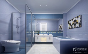 清新蓝色主题的卫生间，仿佛沐浴大海波涛的水汽，让人心情愉悦放松。