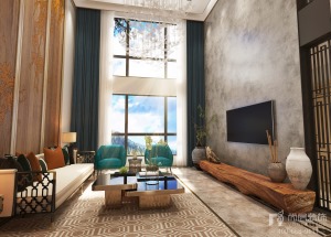 沙发背景采用通顶的木刻版画与电视柜相呼应又让整个空间有了主题版画；中式的沙发与孔雀蓝的单人椅组成的沙