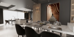 餐厅与客厅没有可以设置隔断，让空间更加流畅。