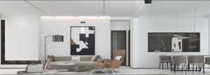 简单的几何挂画，金属落地灯搭配真皮沙发提升空间质感