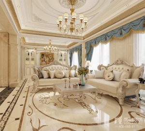 香槟色从不遮掩对贵气的诠释，大理石拼花地板与金色镶边吊顶在天地间尽显欧式建筑的奢华，天蓝色的窗帘成为