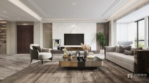 客厅运用不同的灰色与柔和木饰面通过考究的比例划分，让整个空间有了静谧自然的主题。