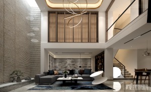 客廳和樓梯間的木格柵，讓樓梯間的采光得到改善，玻璃扶手擴大了空間視覺。
