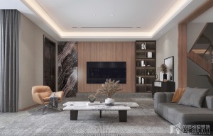 客厅的设计给人柔和优雅的气质，暖橡木与黑色岩板的材质颜色的对比，既有木的温润，也有岩板的刚硬，一刚一