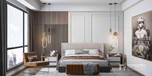 素雅的色调自然流淌于卧室空间，几何色块的组合碰撞，展现安宁与趣味并存的卧室空间。