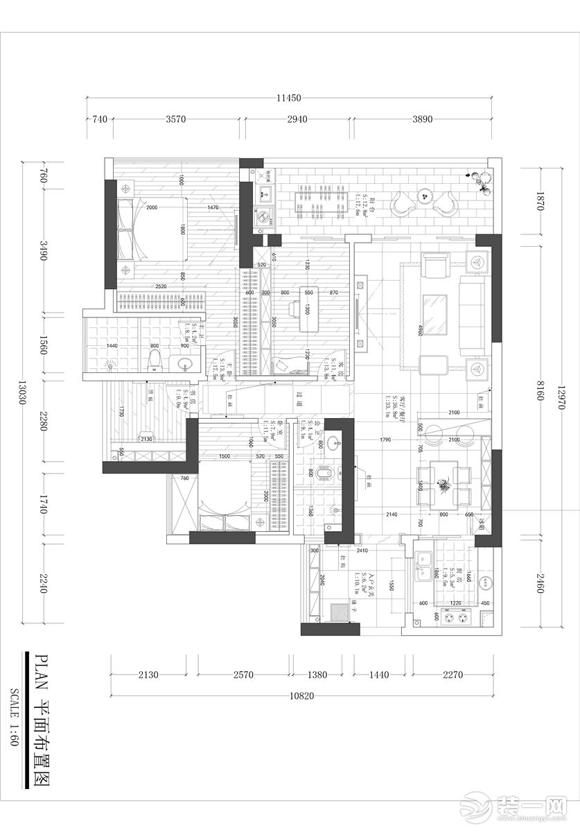 惠州景欣装饰130平方现代风格平面布置图