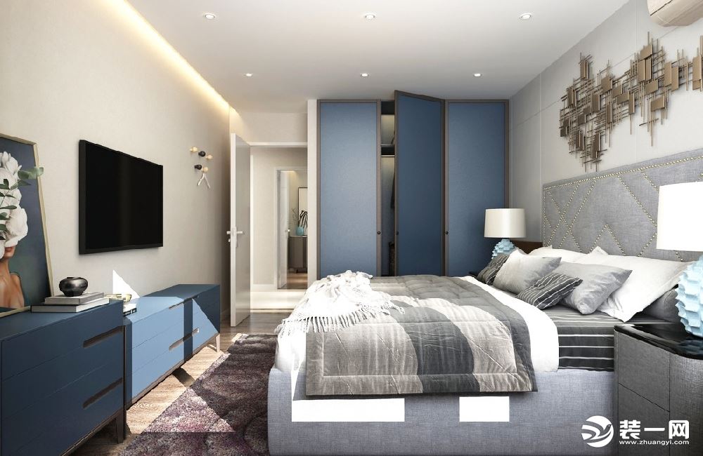 惠州景欣装饰85平米北欧轻奢风--蓝色惬意卧室效果图