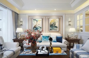 惠州景欣装饰115平方美式风格客厅沙发背景效果图