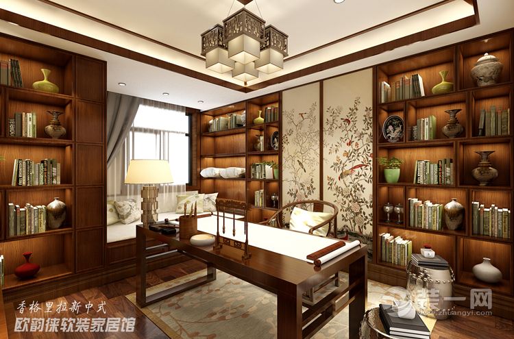 香格里拉 复式 新中式风格 书房书柜、书桌